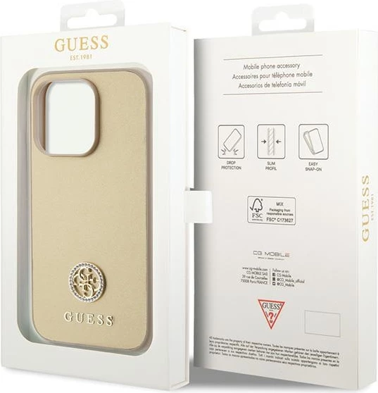 Mbështjellës Guess GUHCP15LPS4DGPD për iPhone 15 Pro 6.1", 4G Strass Metal Logo, Ari