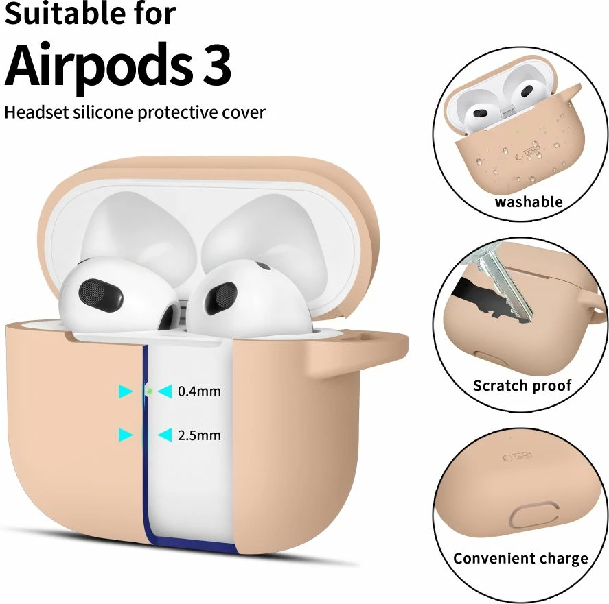 Mbështjellës Tech-Protect Silicone Hook për AirPods 3, Bezhe, me karabinë