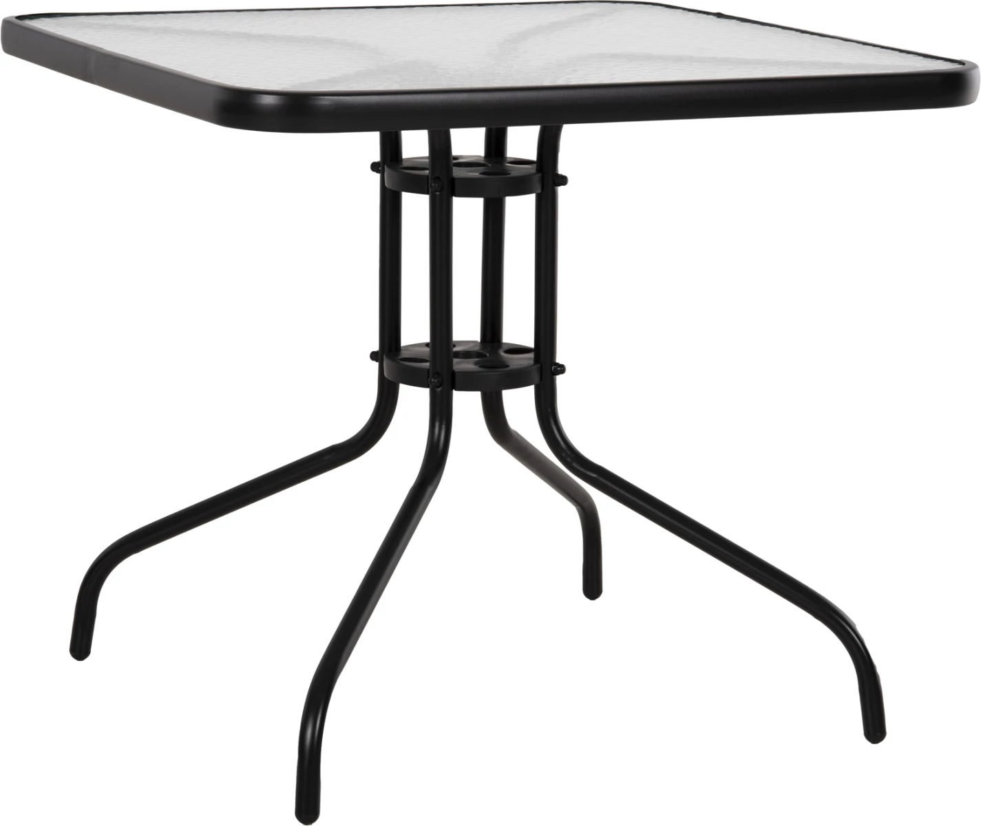 Tavolinë e jashtme katrore FIGO FH5972.03, metalike e zezë me sipërfaqe tavoline prej xhami, 80x80x71 cm