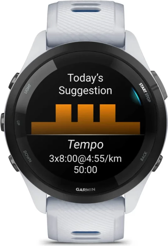 Smartwatch Garmin Forerunner® 265 Black Bezel, Stone White Case, Stone White/Tide Blue Silicone Strap, 46 mm