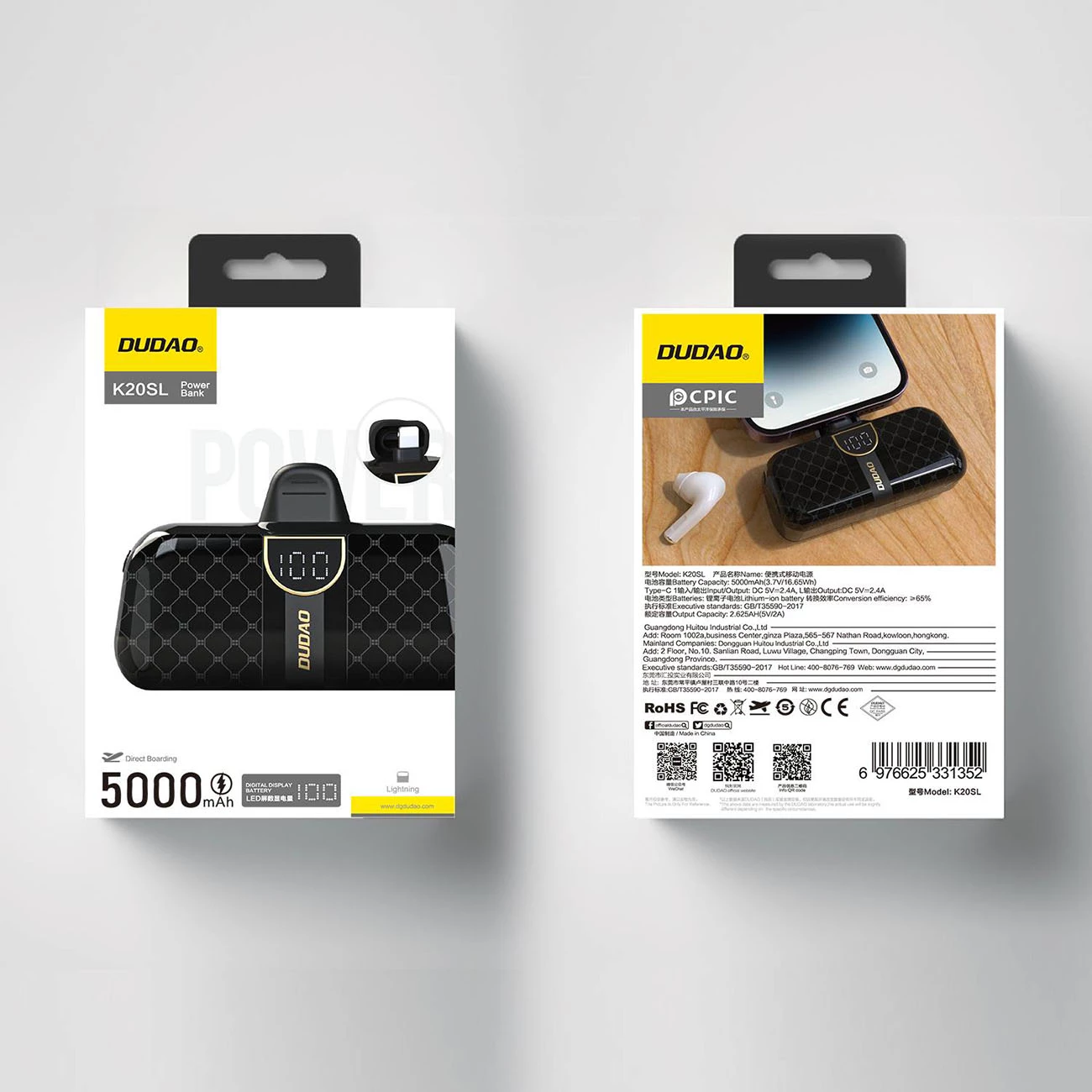 Powerbank Dudao K20SL, 5000 mAh, Lightning/USB-C, e zezë