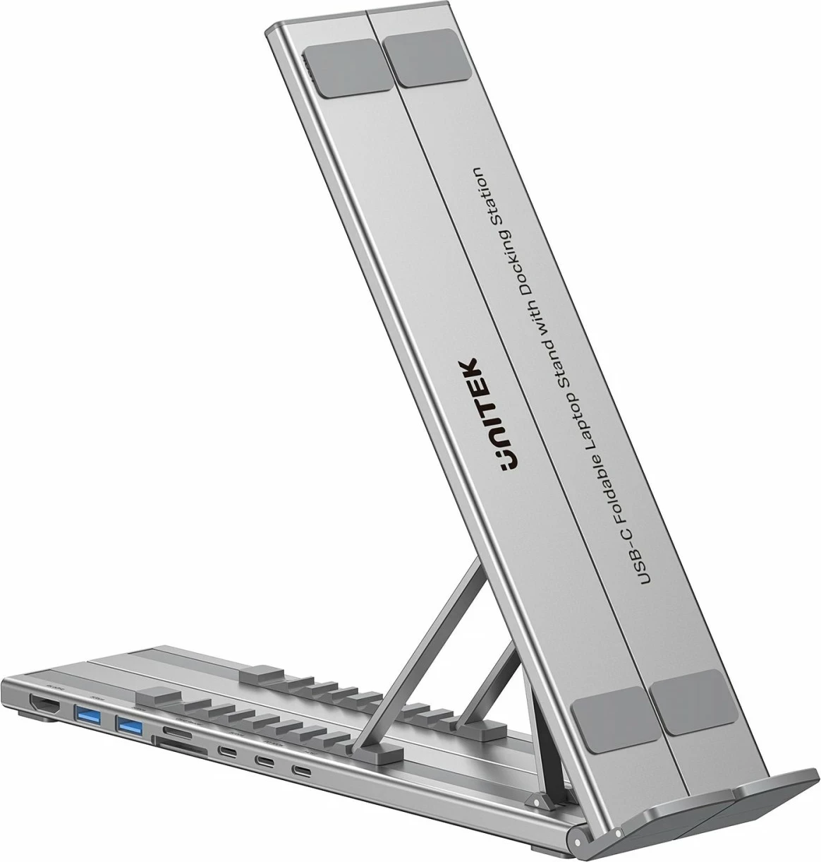 Kasë laptopi Unitek, me hub HDMI/PD/SD, e rregullueshme, ngjyrë argjendtë