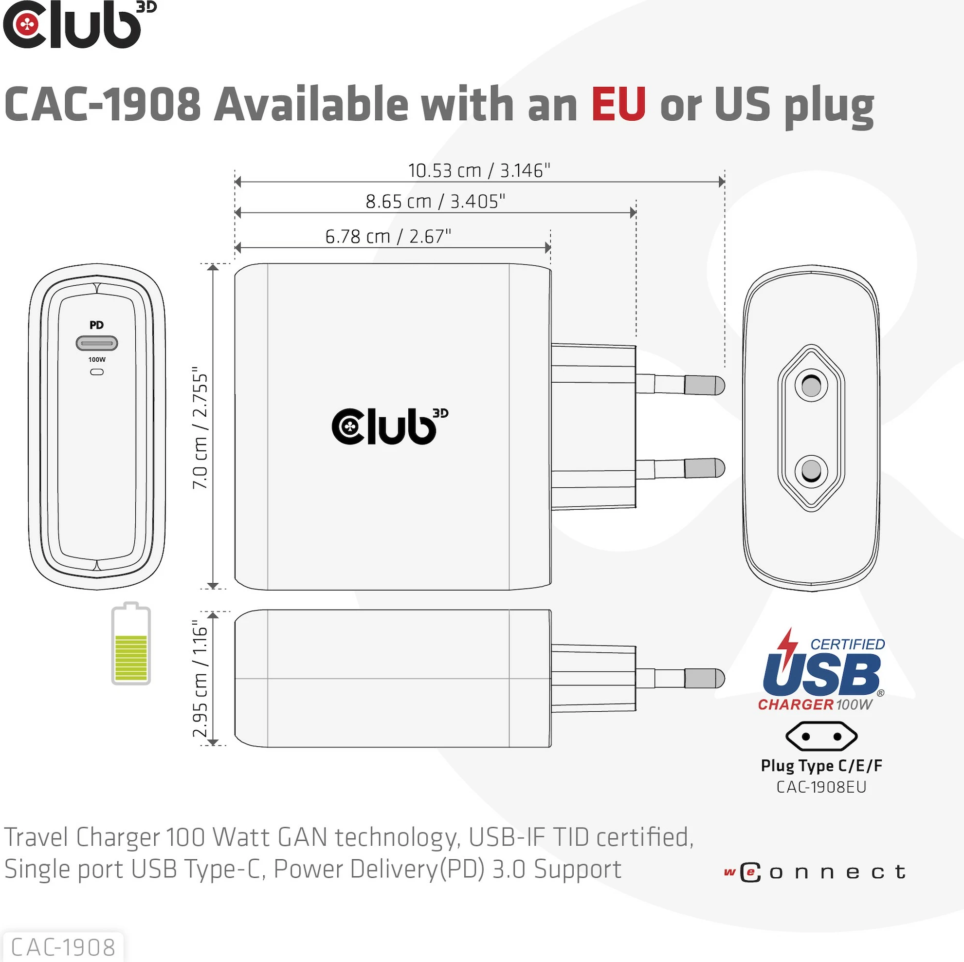 Karikues Club3D USB Type-C PD 100W, GaN, i zi
