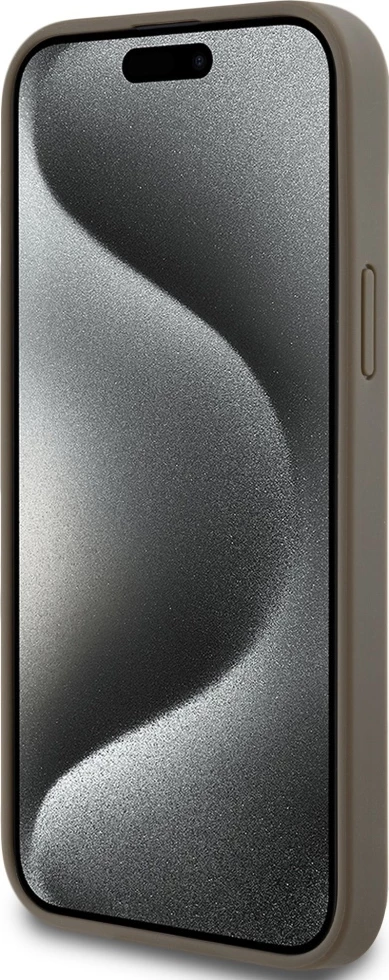 Mbështjellës DKNY Leather Pattern Metal Logo MagSafe për iPhone 15 Plus / 14 Plus, Kafe