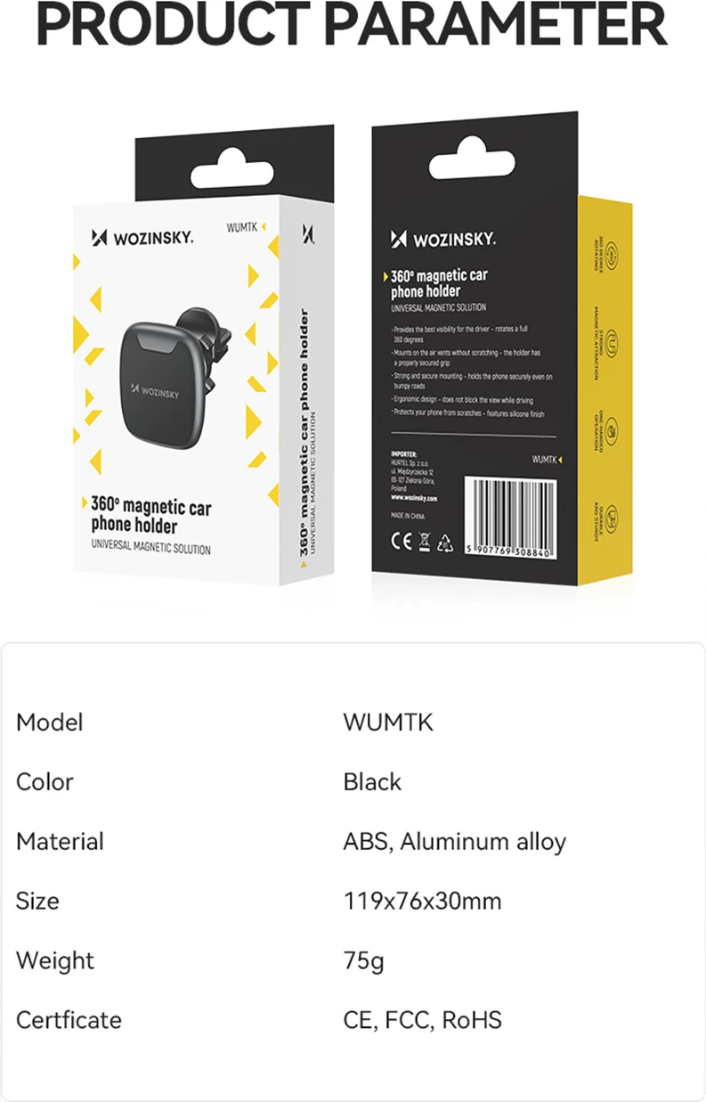 Mbështjellës magnetik për makinë Wozinsky WUMTK, për grilë ajri, i zi