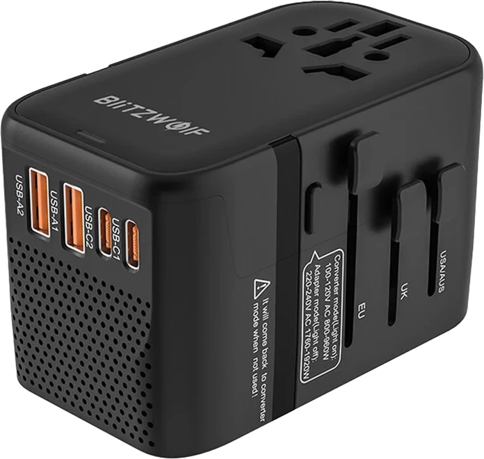 Adapter udhëtimi me konvertues tensioni, BlitzWolf BW-TA3, 4 plug-e ndërkombëtare (US/UK/EU/AUS), 4 porta USB (2x USB-C 20W, 2x USB-A 18W), siguresë 8A, i zi