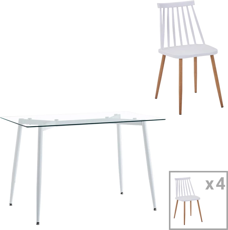 Set tavoline me karrige Quana-Aurora I, 5 pjesë, xham transparent, e bardhë, 120x70x75cm