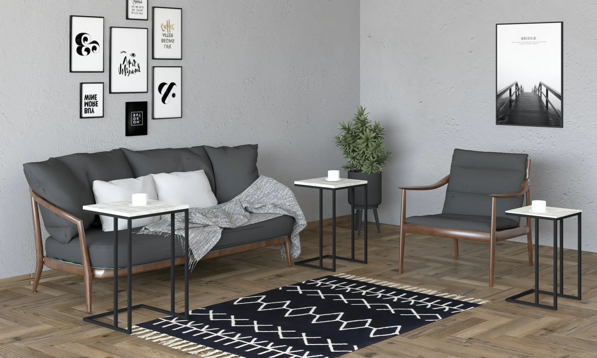 Set tavolinash ndihmëse, 3 copë, ngjyrë e zezë dhe kristal, Hanah Home