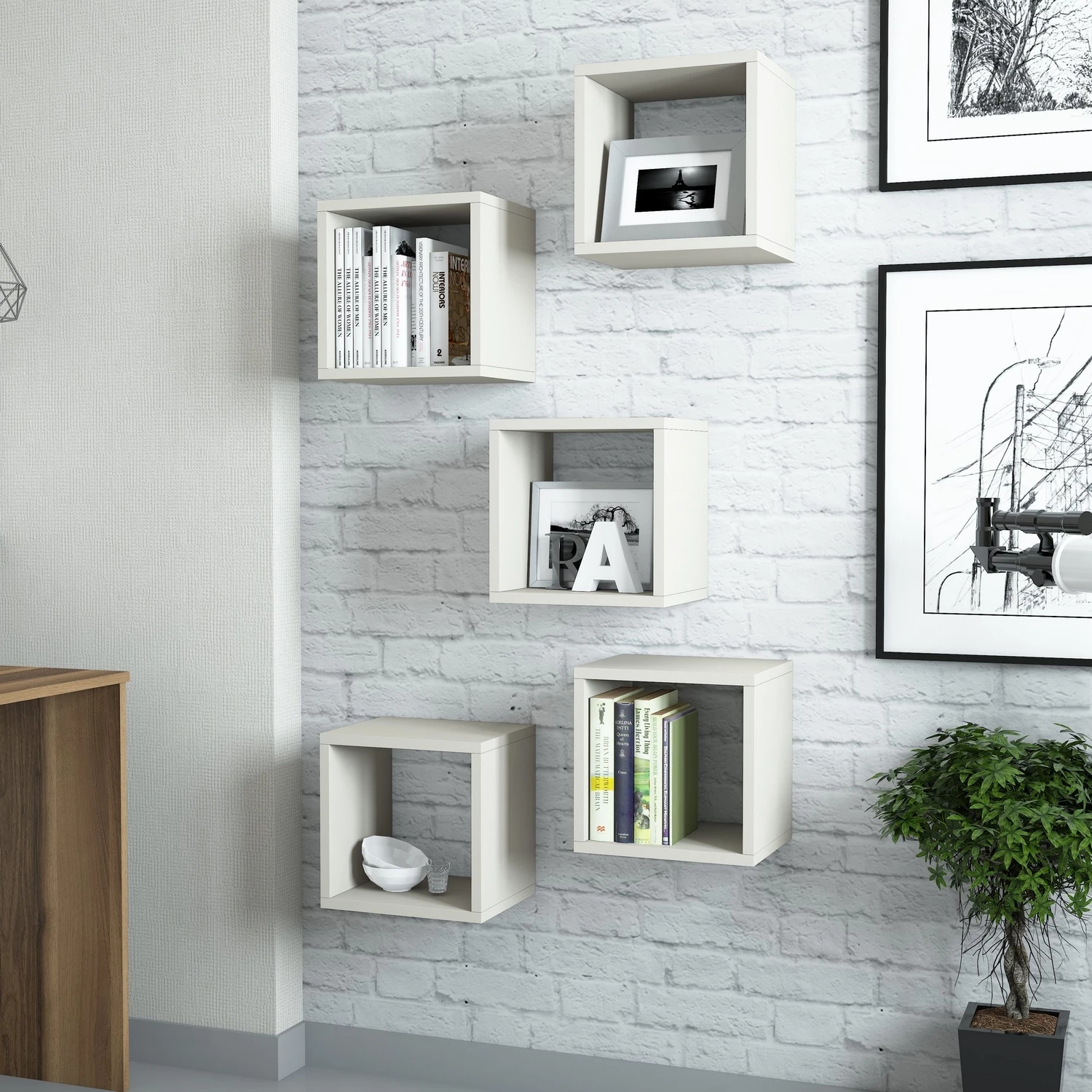 Raft muri, formë kuti, krem, Skye Decor, 5 copë