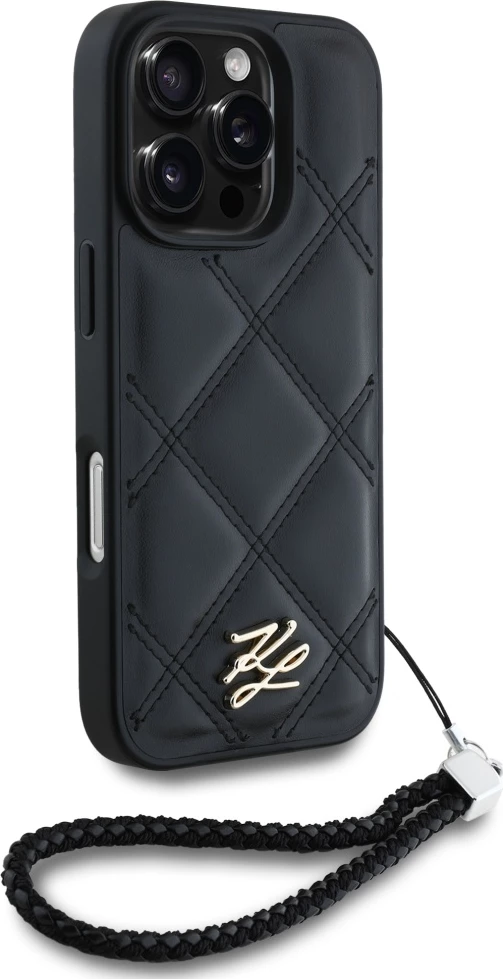 Mbështjellës Karl Lagerfeld Quilted Initial Logo & Chain Strap për iPhone 16 Pro, i zi