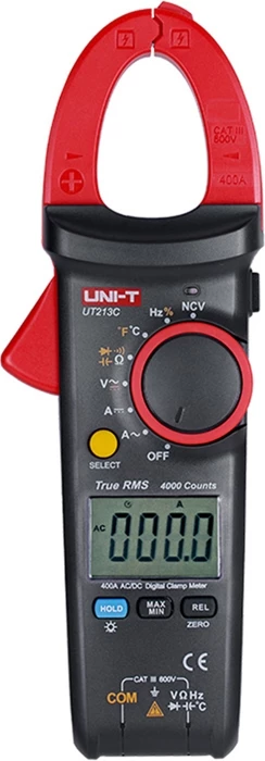 Pincë ampermetër digjital UNI-T UT213C 400A True RMS, CAT III 600V, kuqe/zezë, set me kabllo testimi, sondë temperature, bateri x3 dhe çantë