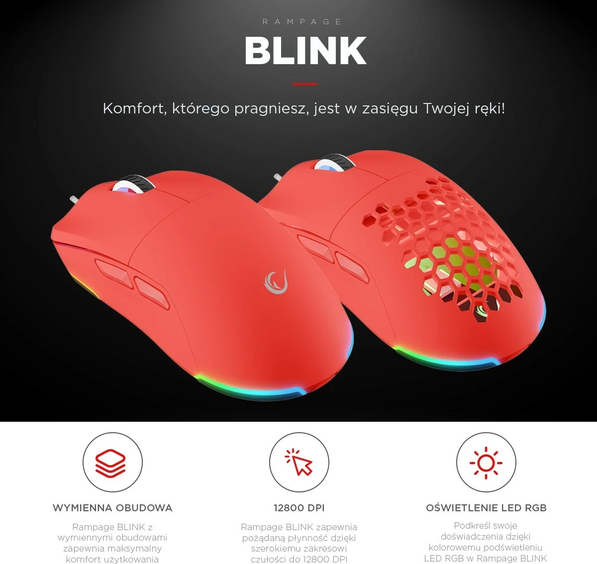 Maus gaming Rampage BLINK, USB, 12800 DPI, RGB, sensor optik, e kuqe