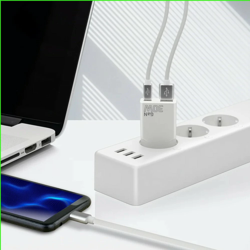 Karikues muri, everActive SC-380Q, GaN super slim 30W, 1x USB + 1x USB-C, QC 3.0/PD, e bardhë