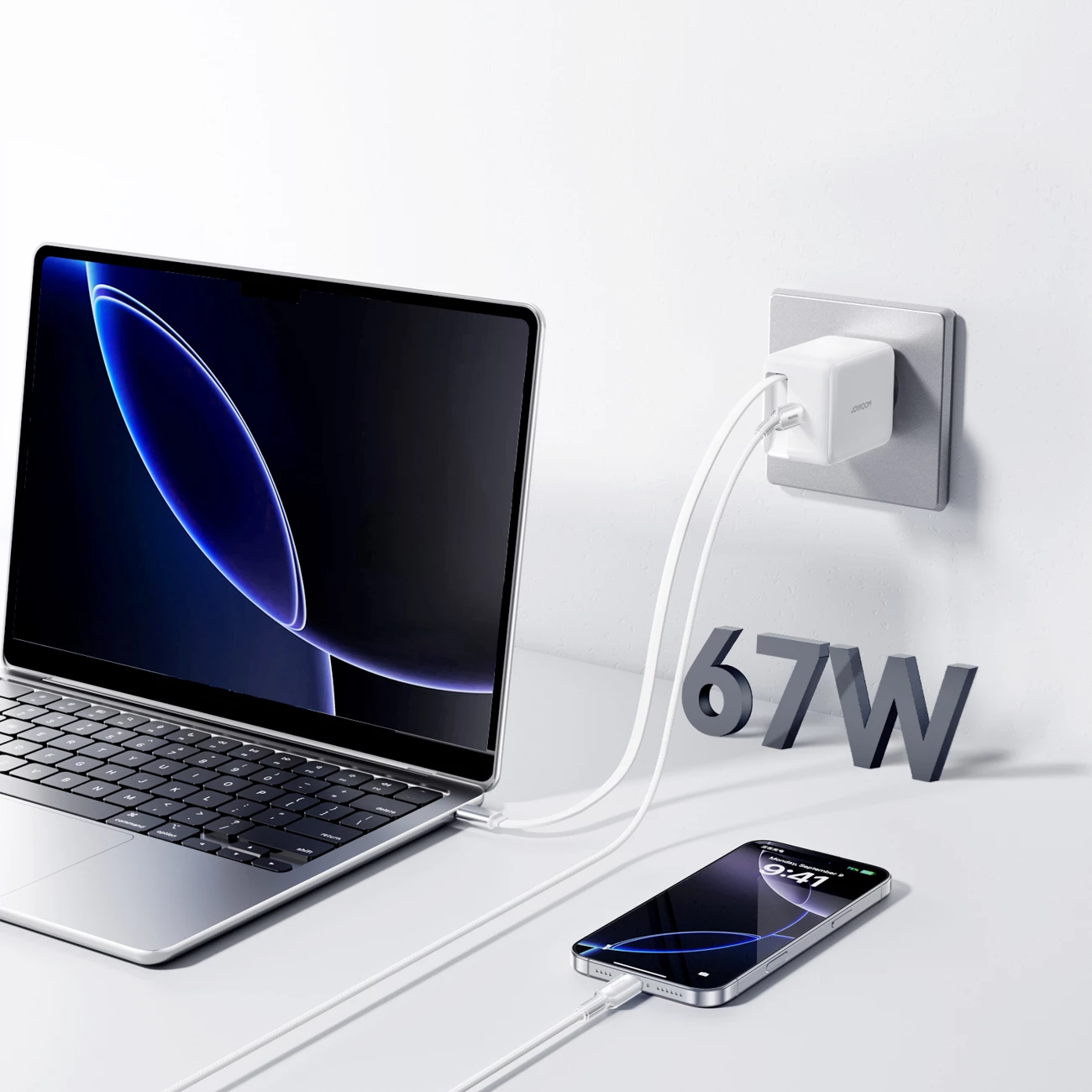 Karikues muri Joyroom JR-TCL06, 67W, GaN, me kabllo USB-C të integrume, Bardhë