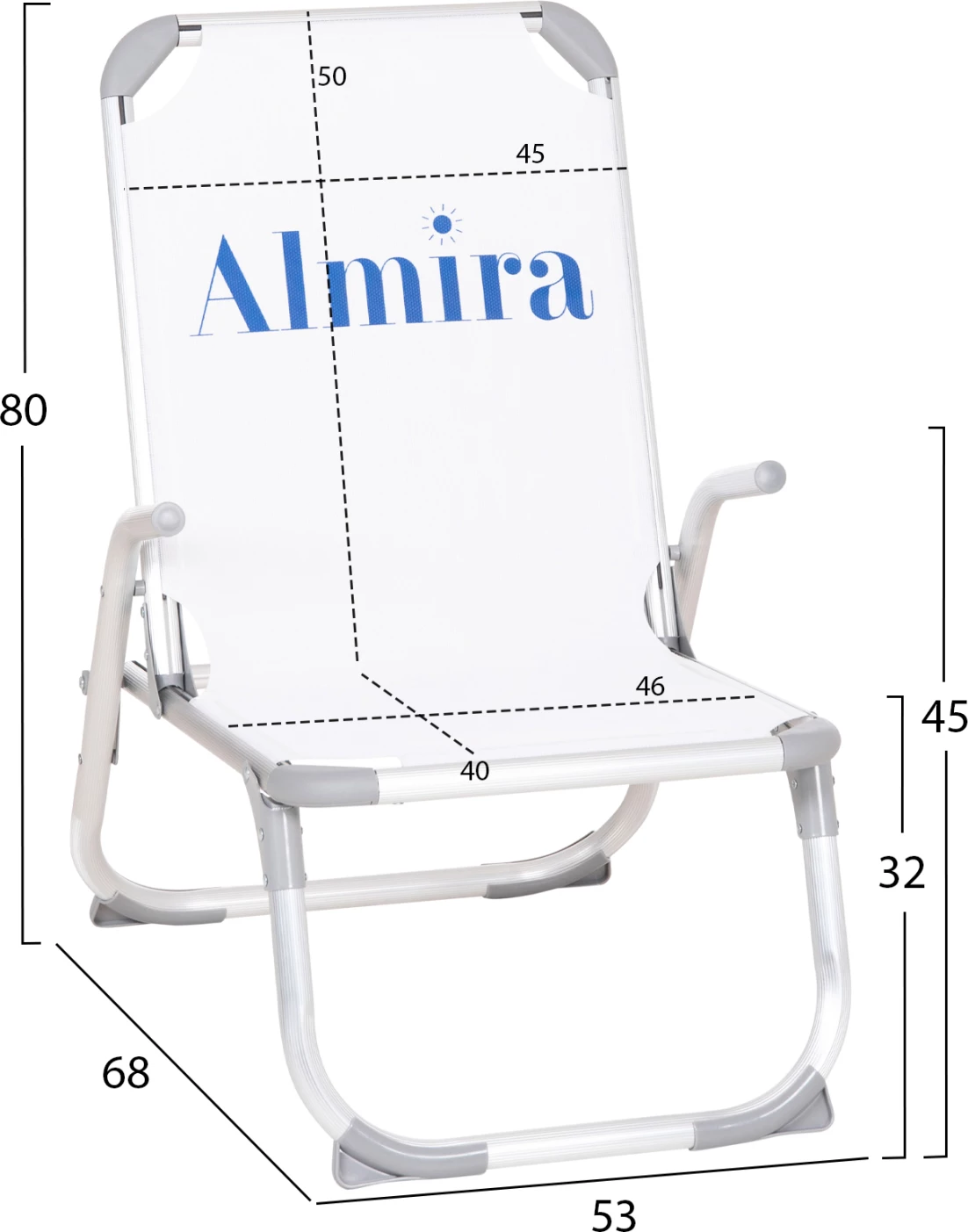 Karrige plazhi e ngritur, alumin i rëndë, Almira FH6431.03, tekstilene e bardhë, 53x68x80cm