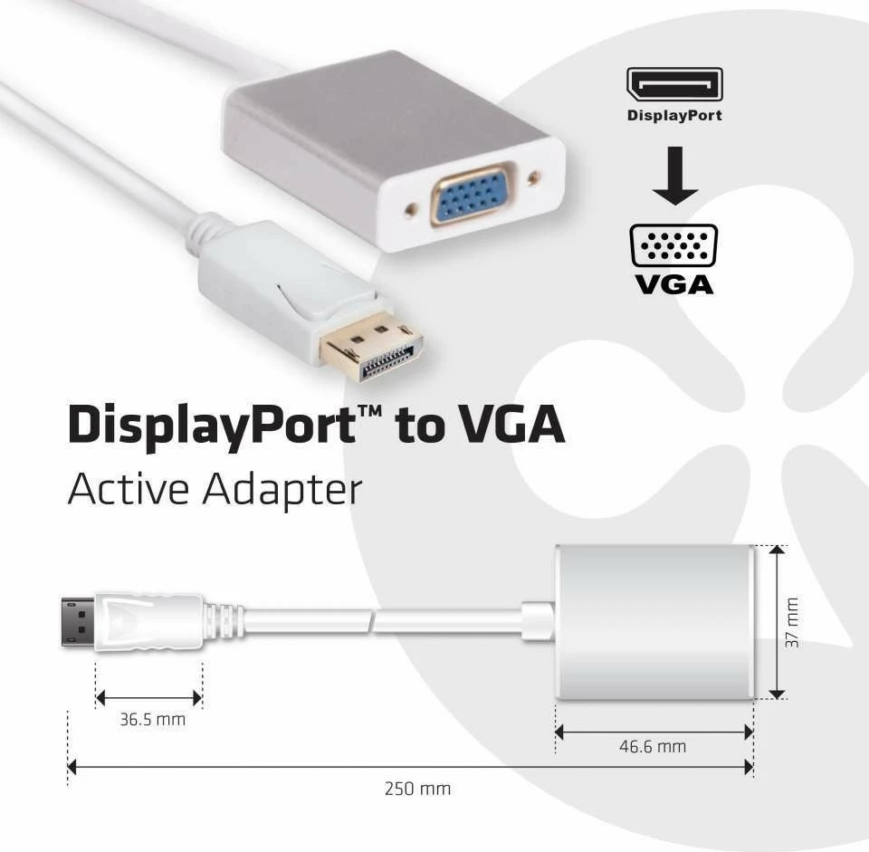 Adapter DisplayPort në VGA Club3D, aktiv, Plug and Play, i bardhë
