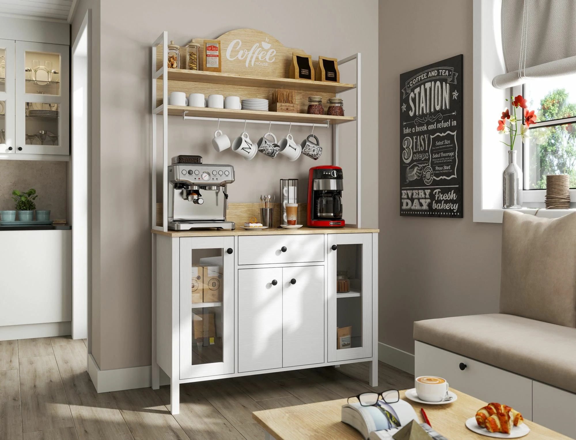 Dollap për kafe, ngjyrë druri dhe e bardhë, Hanah Home, FRN-20075-1