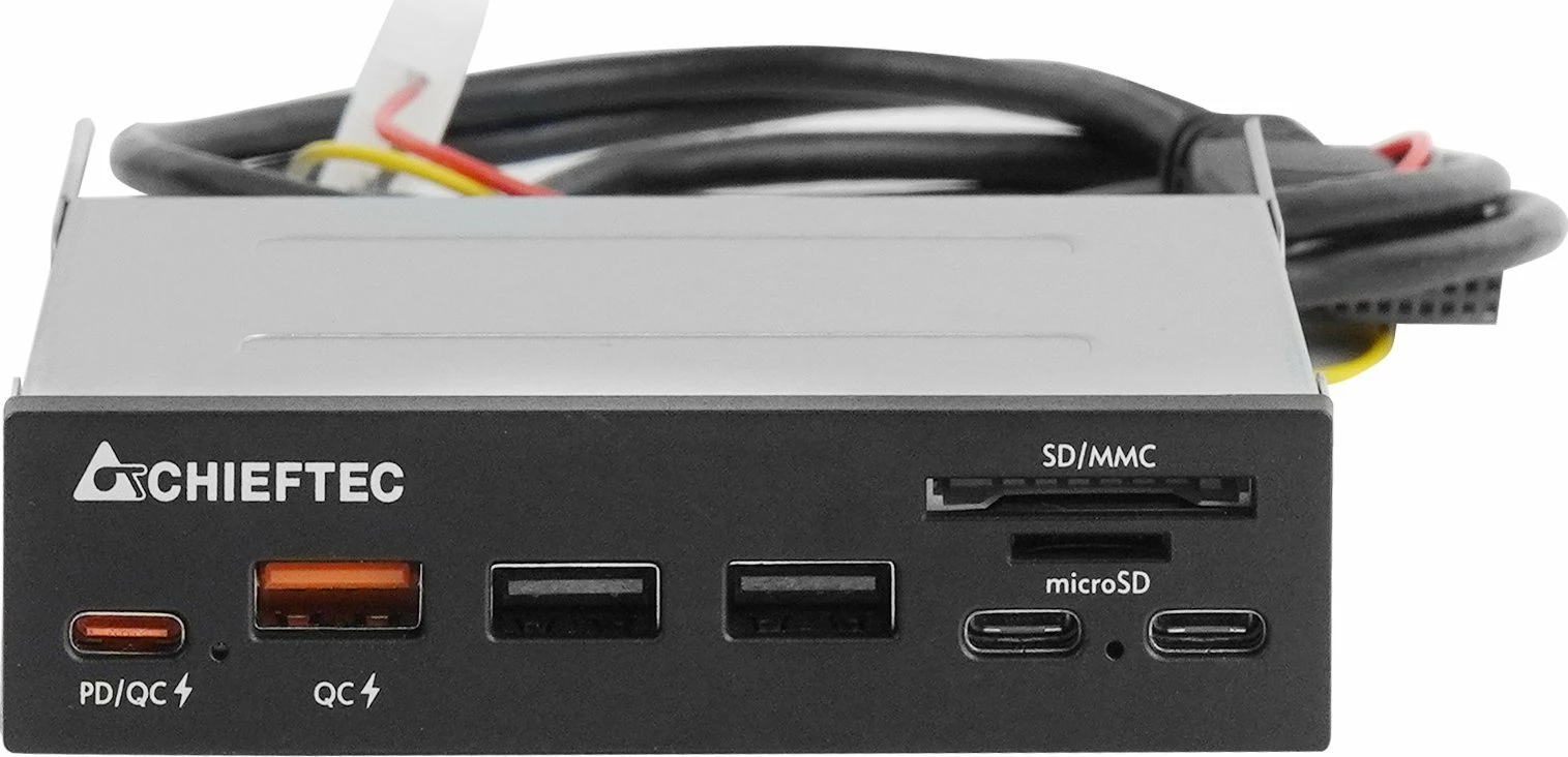 Panel front I/O Chieftec CRD-908H, 3.5\", 3x USB-A + 3x USB-C, lexues SD/MicroSD, e zezë