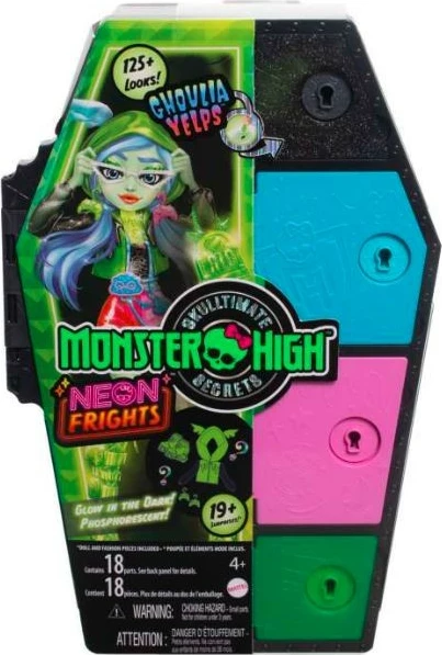 Kukull Monster High Mattel Ghoulia Yelps Skulltimate Secrets Neon Frights me kasafortë dhe aksesorë, shumëngjyrëshe
