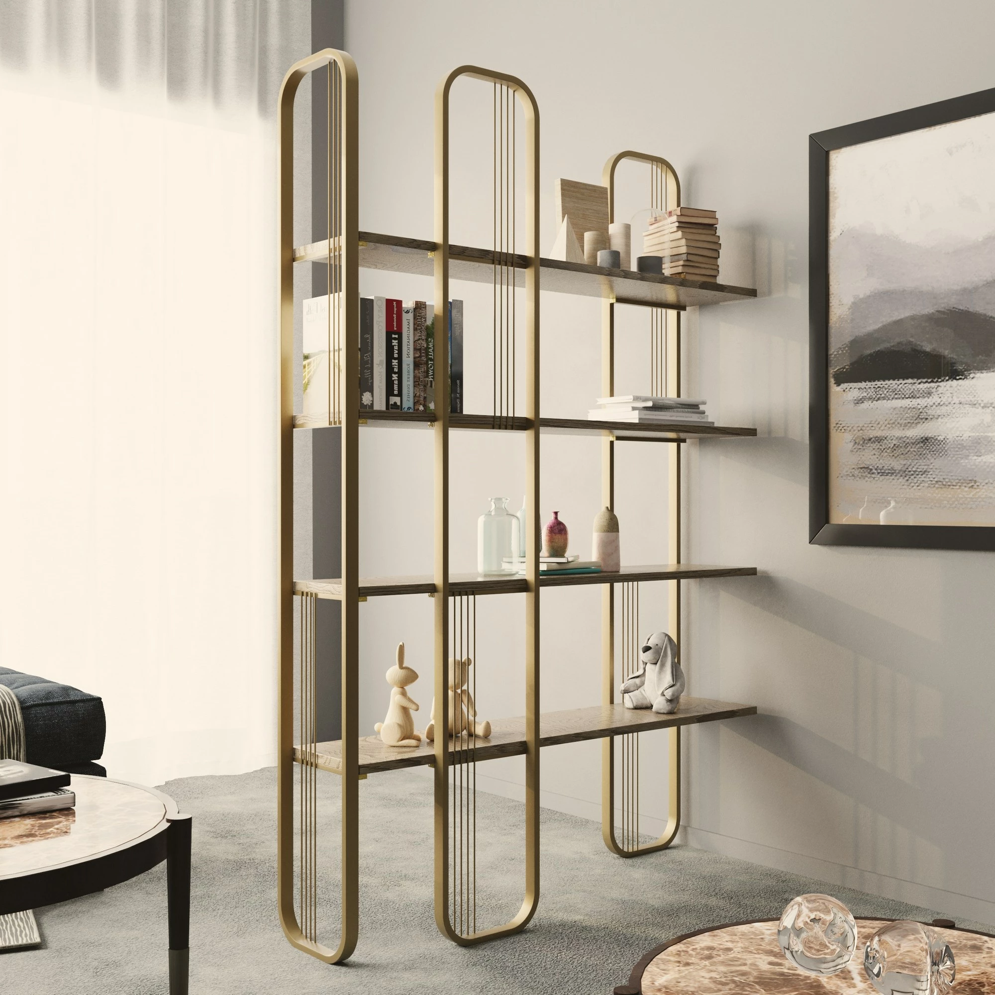 Raft librash Hanah Home, ngjyrë e verdhë, stil barok glam, 124x182x26cm