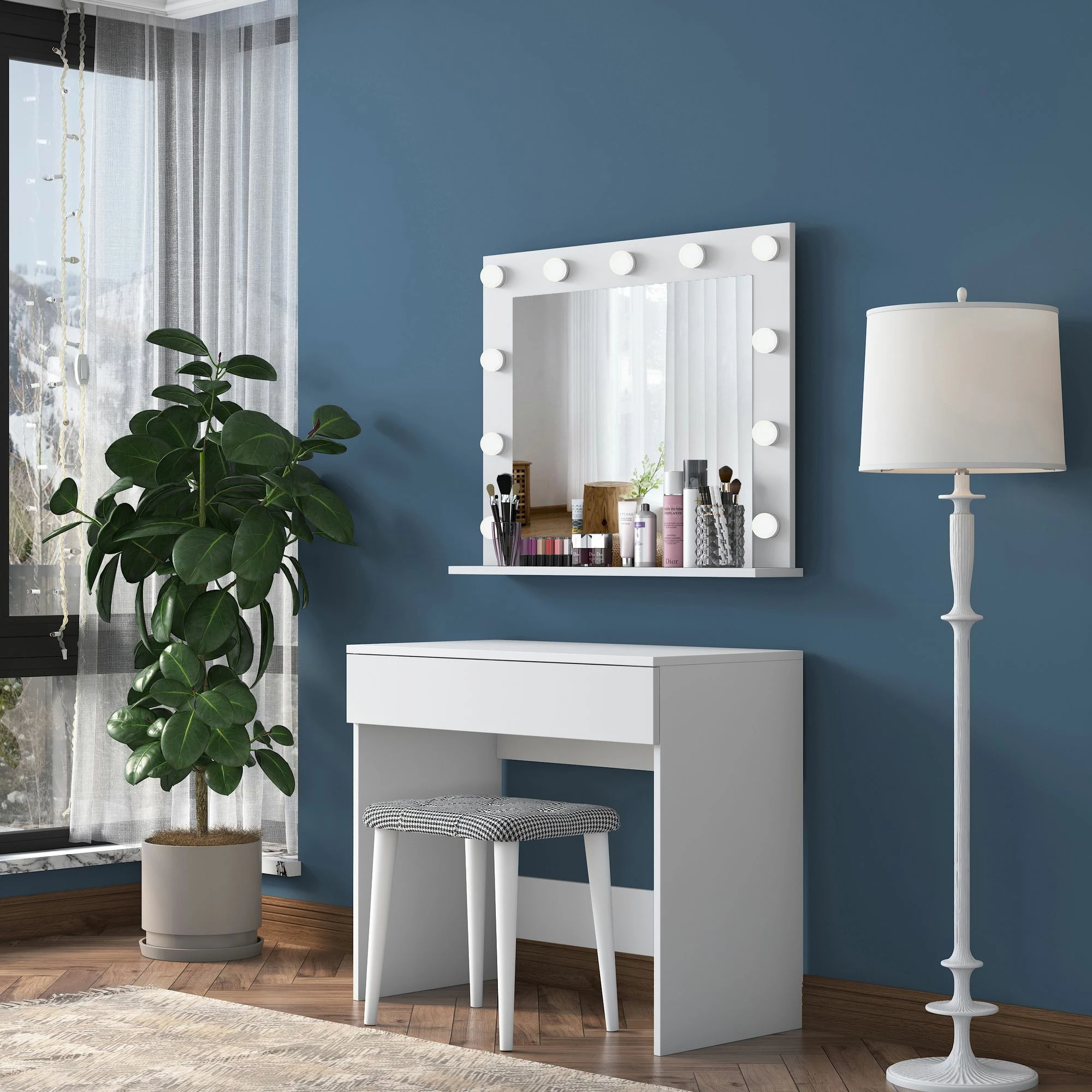 Tavolinë grimi Hanah Home, BJ121 - 2934, e bardhë, me pasqyrë dhe puf