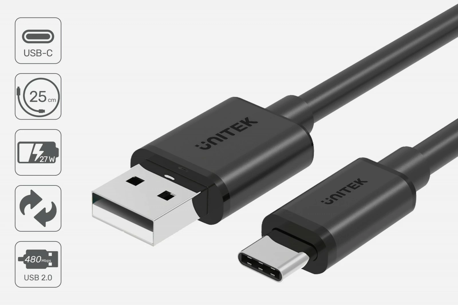 Kabllo USB-A në USB-C 2.0, Unitek C14068BK, 2 m, 480 Mbps, 15W, e zezë