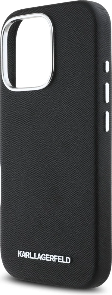 Mbështjellës Karl Lagerfeld Saffiano Full Wrapped Elongated Metal Logo MagSafe për iPhone 16 Pro, Zi