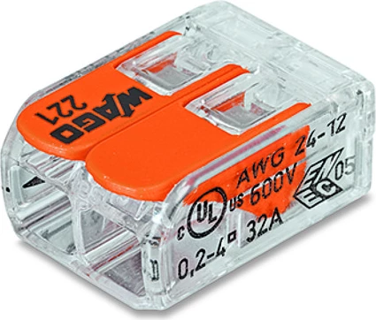 Konektor universal Wago 221-412, 2x 4mm², me leva, transparent/portokalli