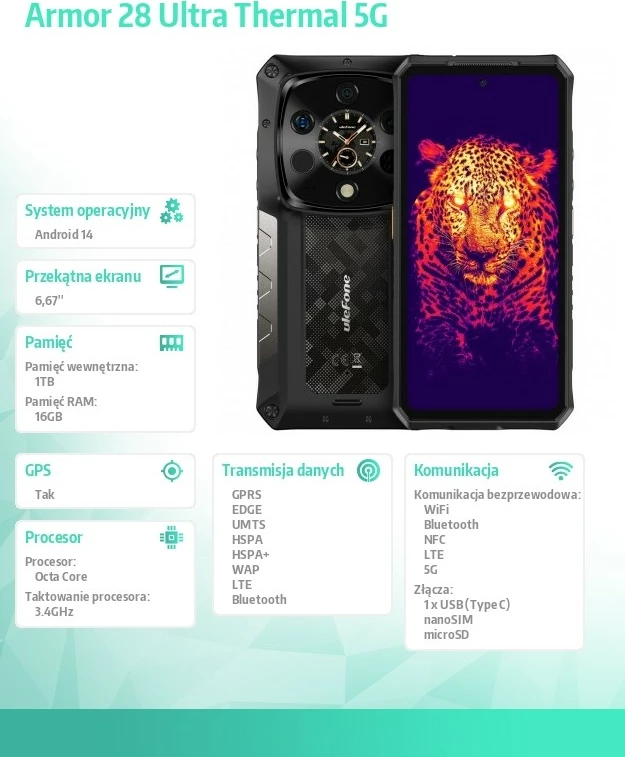 Celular Ulefone Armor 28 Ultra Thermal 5G, 16GB/1TB, i zi