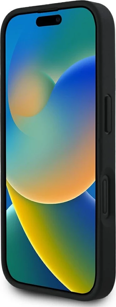 Mbështjellës Guess Grained Hot Stamp Peony Triangle Logo MagSafe për iPhone 16, i zi