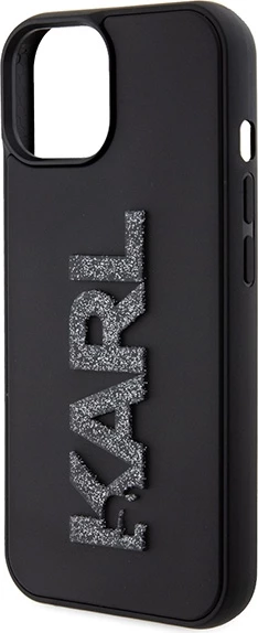 Mbështjellës Karl Lagerfeld 3D Rubber Glitter Logo për iPhone 15, i zi