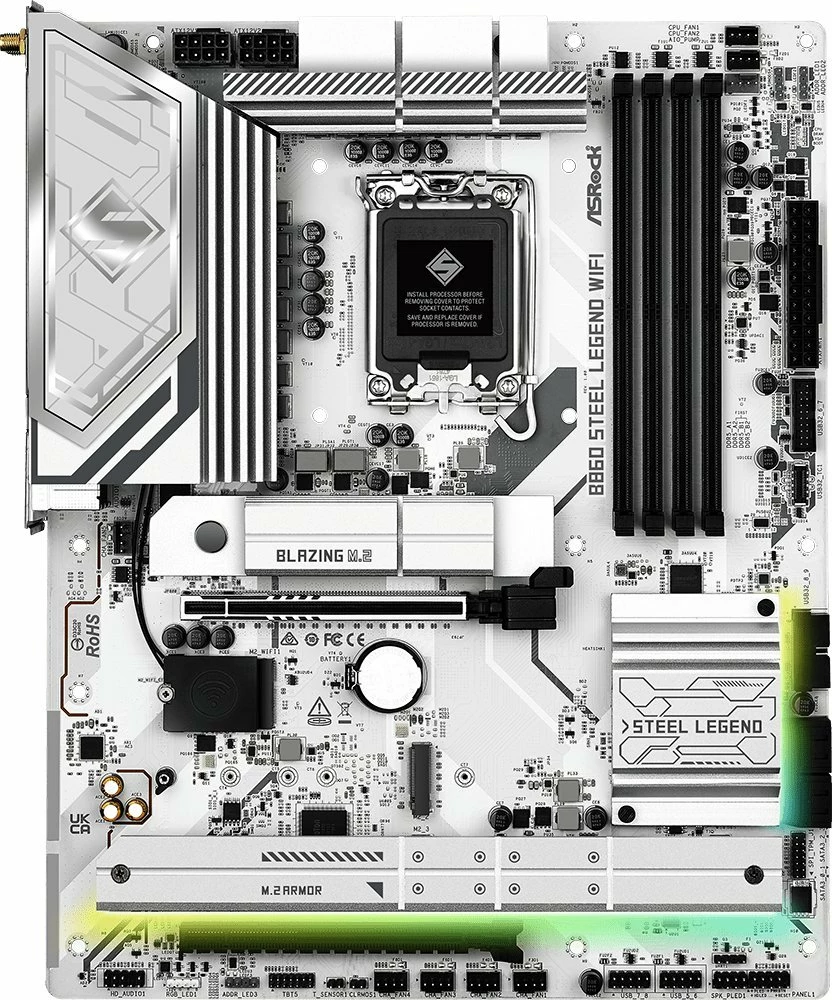 Pllakë amë ASRock B860 Steel Legend WiFi, ATX, DDR5 deri 256GB, Wi‑Fi 7, Bluetooth, 2.5GbE, e bardhë/argjendtë, set me 2 antena WiFi + 2 kabllo SATA