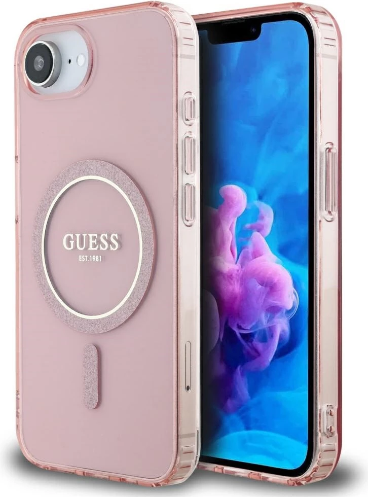 Mbështjellës Guess IML Glitter Circle MagSafe për iPhone 16e, rozë