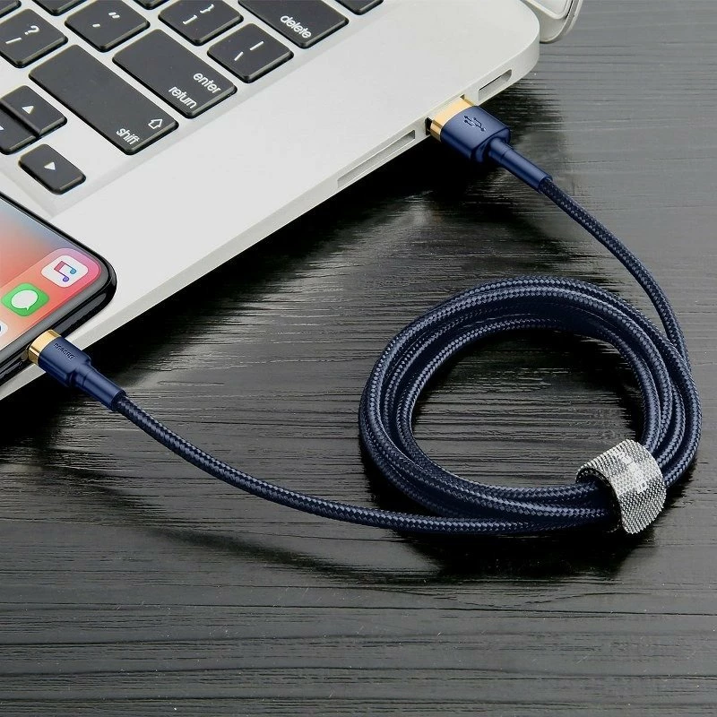 Kabllo Baseus Cafule USB në Lightning, 2m, Ari + Kaltër e errët