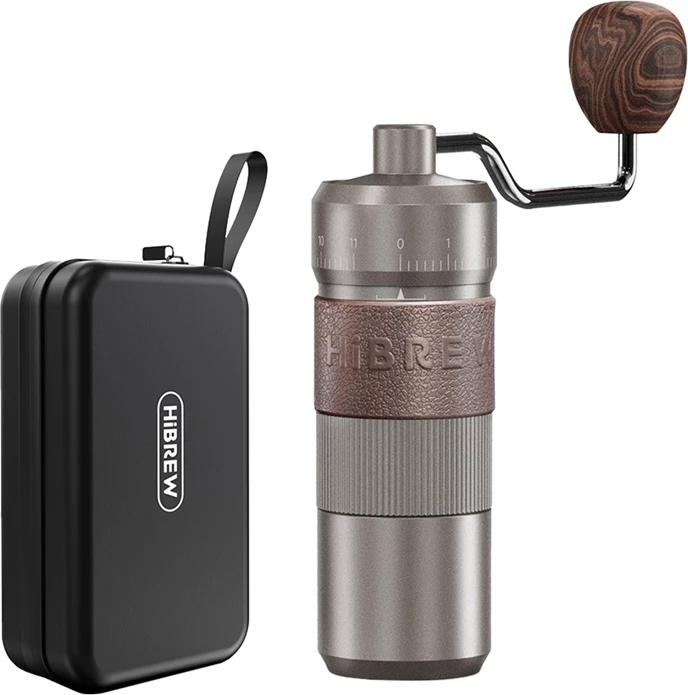 Mulli kafeje manual, HiBREW G4B, rregullim shumë‑niveles i bluarjes, gurë konikë CNC të fortësuar, trup alumini me enë xhami, 450 g, me kasë udhëtimi