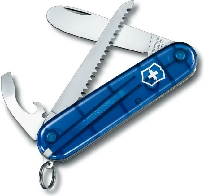 Thikë xhepi për fëmijë, Victorinox, My First Victorinox 0.2373.T2, 9 funksione, majë e rrumbullakosur, blu transparente