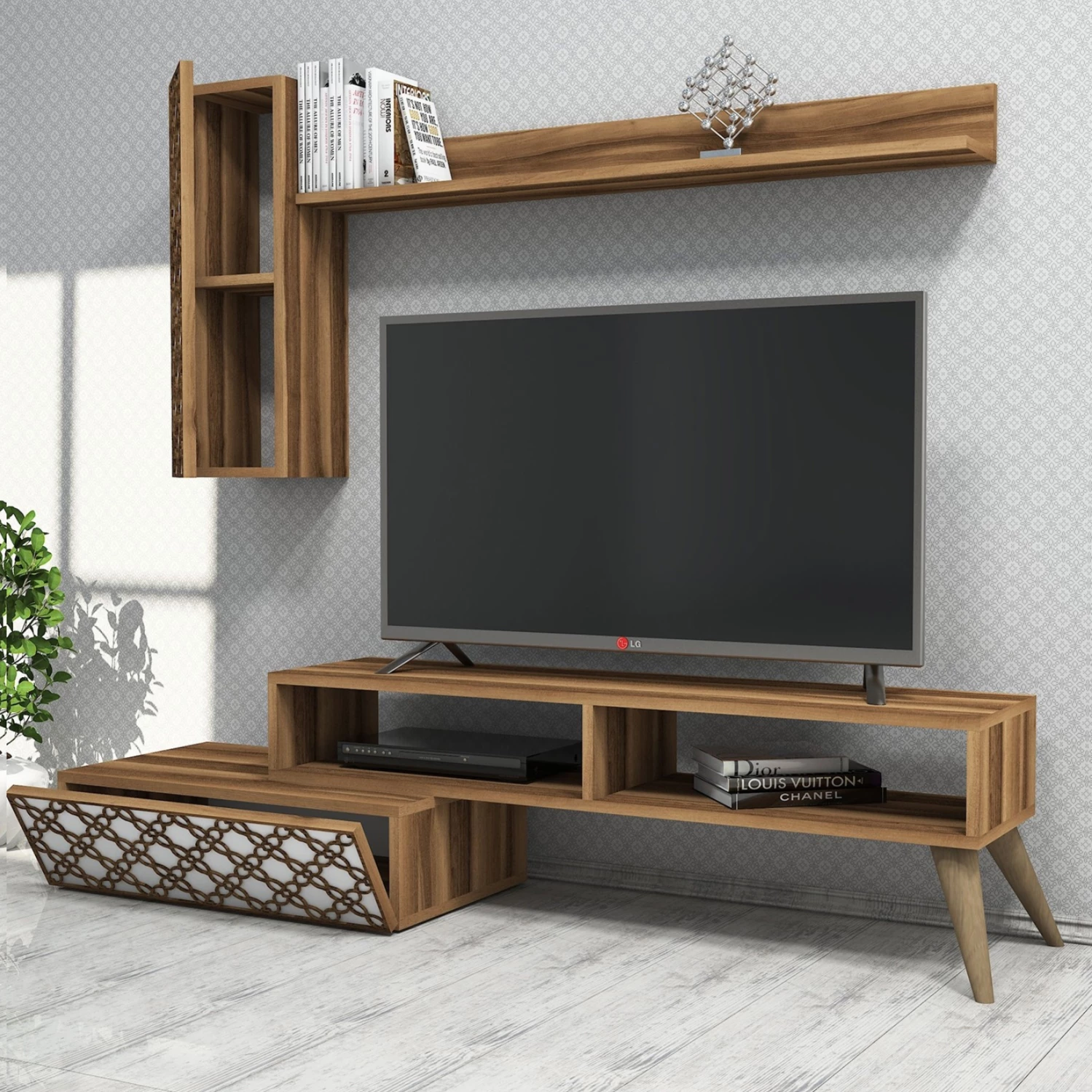 Set mobiljesh për TV, ngjyrë arre dhe e bardhë, FH9518.04, 150x37.2x37.8H cm