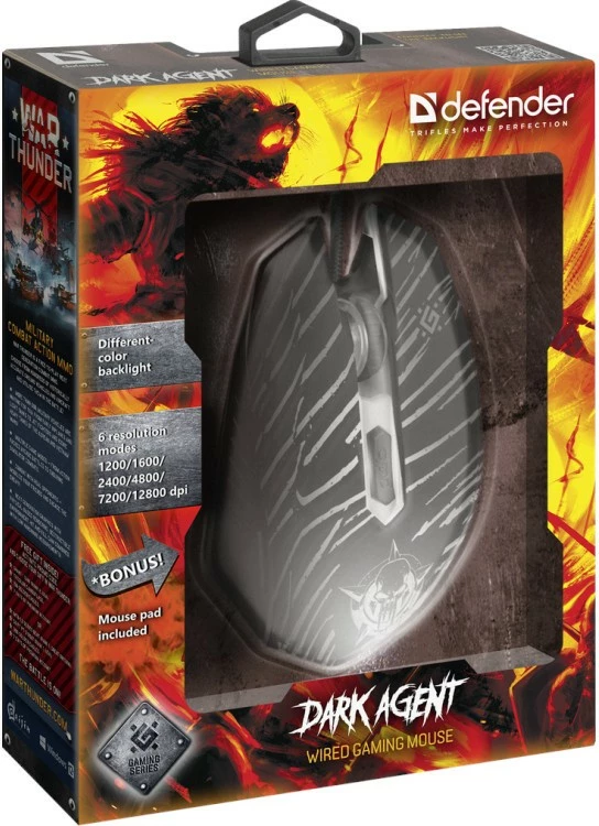 Maus gaming Defender DARK AGENT GM-590L, me kabllo, 12800 dpi, i zi