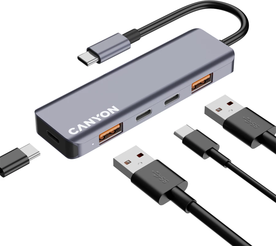 USB-C hub CANYON DS-18 5n1 USB 3.2 Gen 2, 2x USB-A + 2x USB-C, kabllo 15 cm, hiri