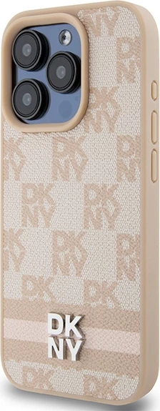Mbështjellës DKNY Checkered Mono Pattern & Printed Stripes për iPhone 15 Pro, rozë