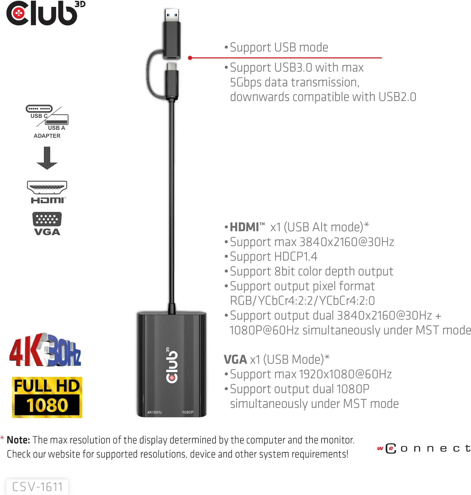Adapter Club3D USB Type-C/A në HDMI/VGA, 4K, i zi