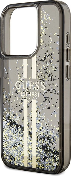 Mbështjellës Guess Liquid Glitter Gold Stripes për iPhone 15 Pro, i zi
