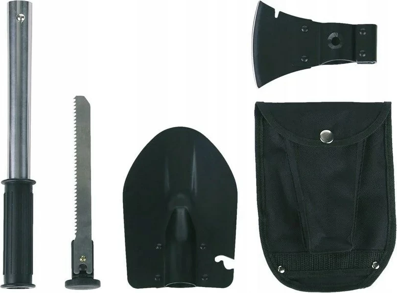Set mjetesh taktike FOSCO 433120 me lopatë, sharrë dhe sëpatë, çelik inox, e zezë