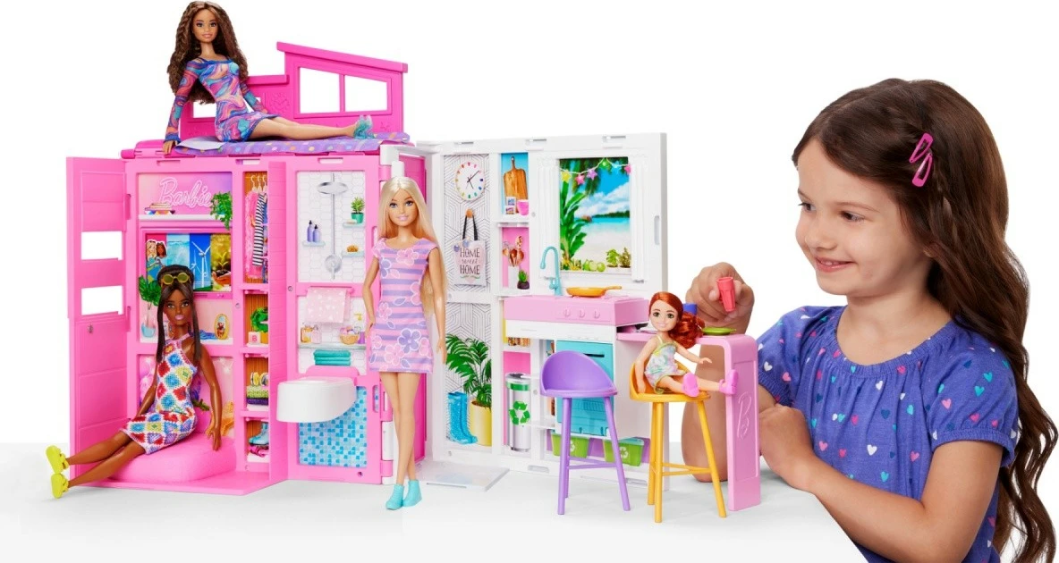 Set lodër Barbie, Mattel HRJ77, shtëpi me kukull dhe 11 aksesorë, rozë