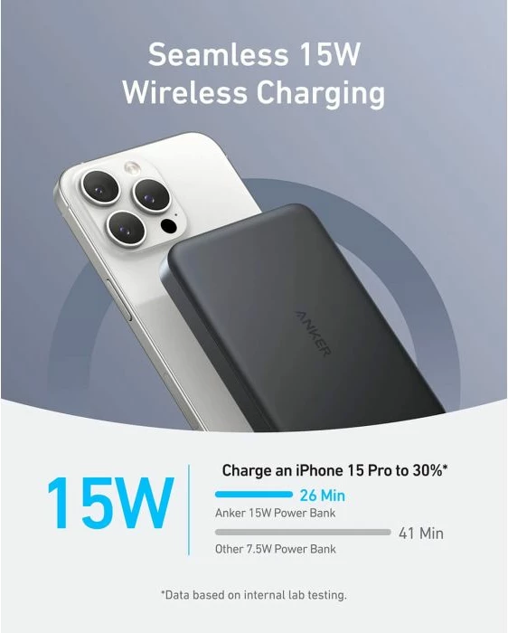 Powerbank magnetik wireless ANKER MagGo 10K Slim A1664, 10000mAh, Qi2 15W, USB-C 30W, e zezë, me kabllo USB-C në USB-C 60 cm