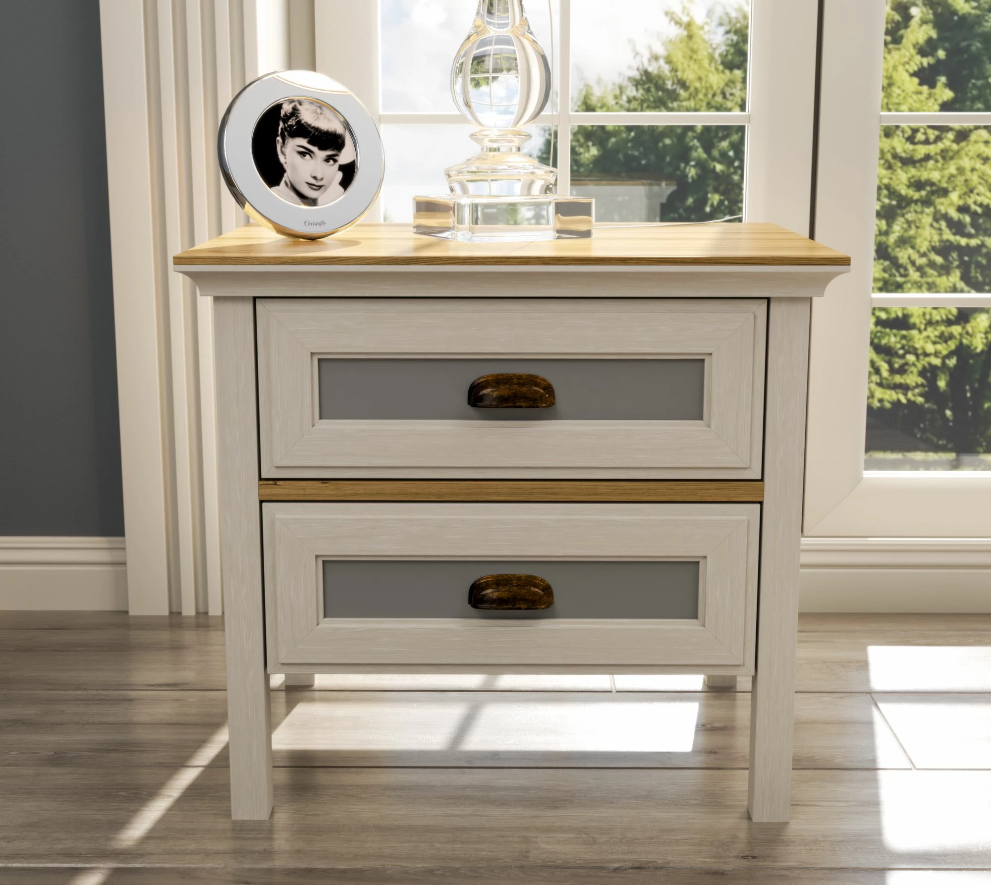 Komodinë anës krevati Skye Decor, krem, lis, gri, FRN-21016