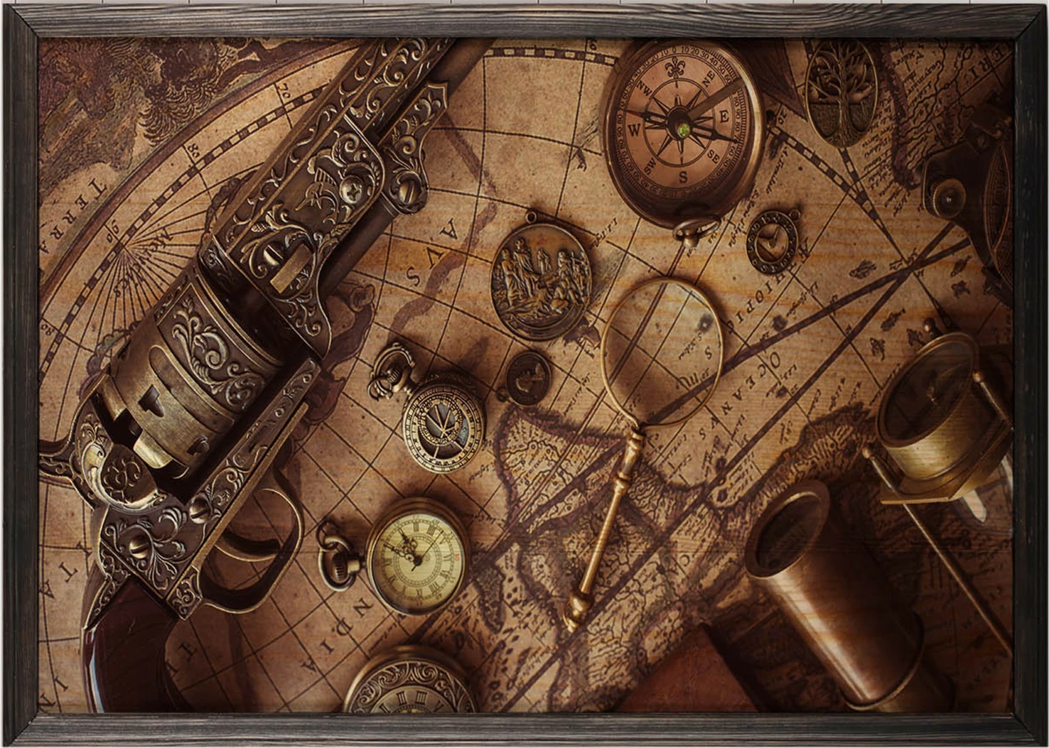 Pikturë dekorative me kornizë druri, hartë antike, Wallity