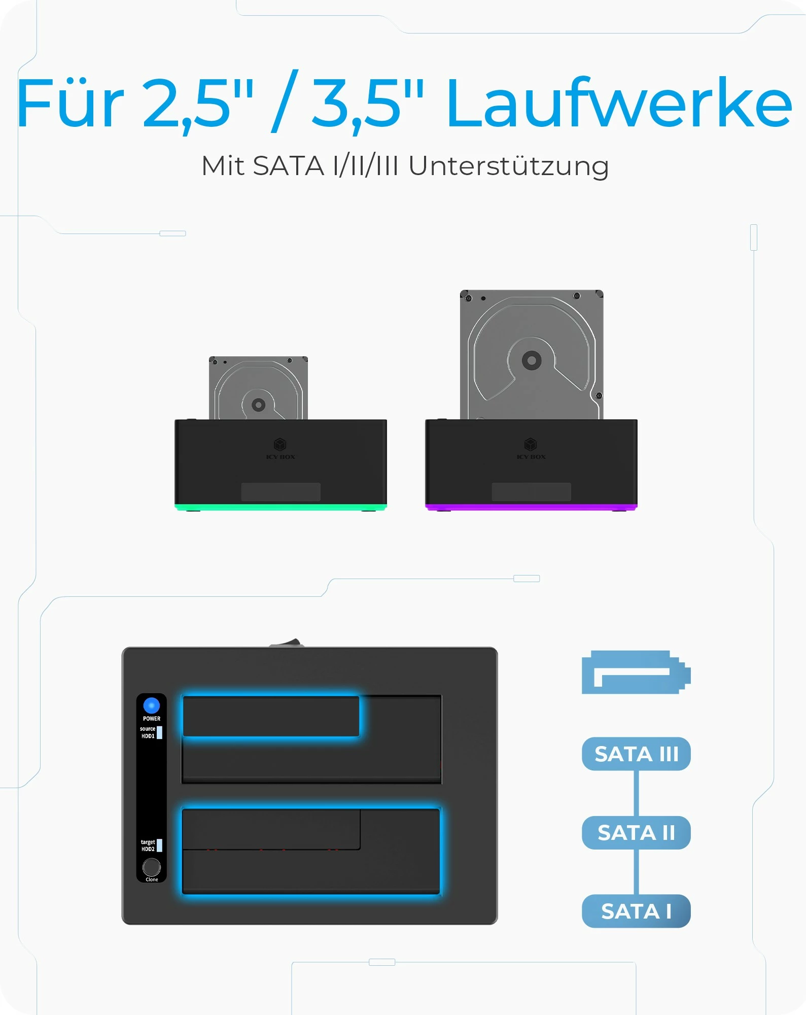 Stacion klonimi ICY BOX IB-127CL-U3, HDD, Serial ATA, 18 TB, USB 3.2, E zezë