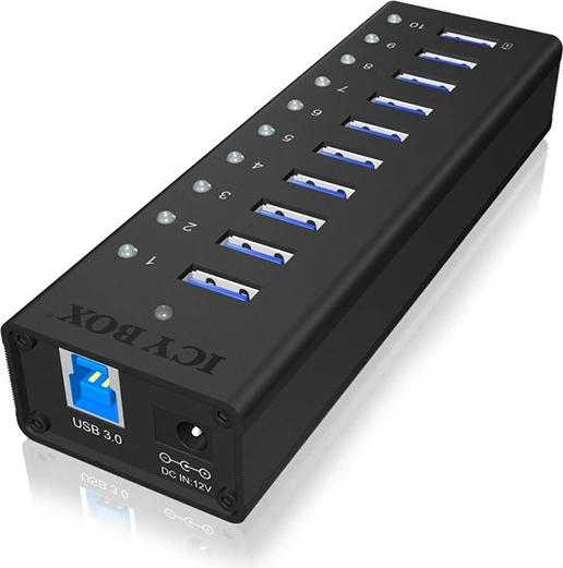 USB hub ICY BOX IB-AC6110, 10 porta, USB 3.2 Gen 1, alumini, e zezë