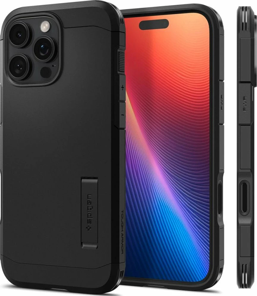 Mbështjellës Spigen Tough Armor "T" Mag për iPhone 16 Pro, MagSafe, me kickstand, i zi, 1 copë